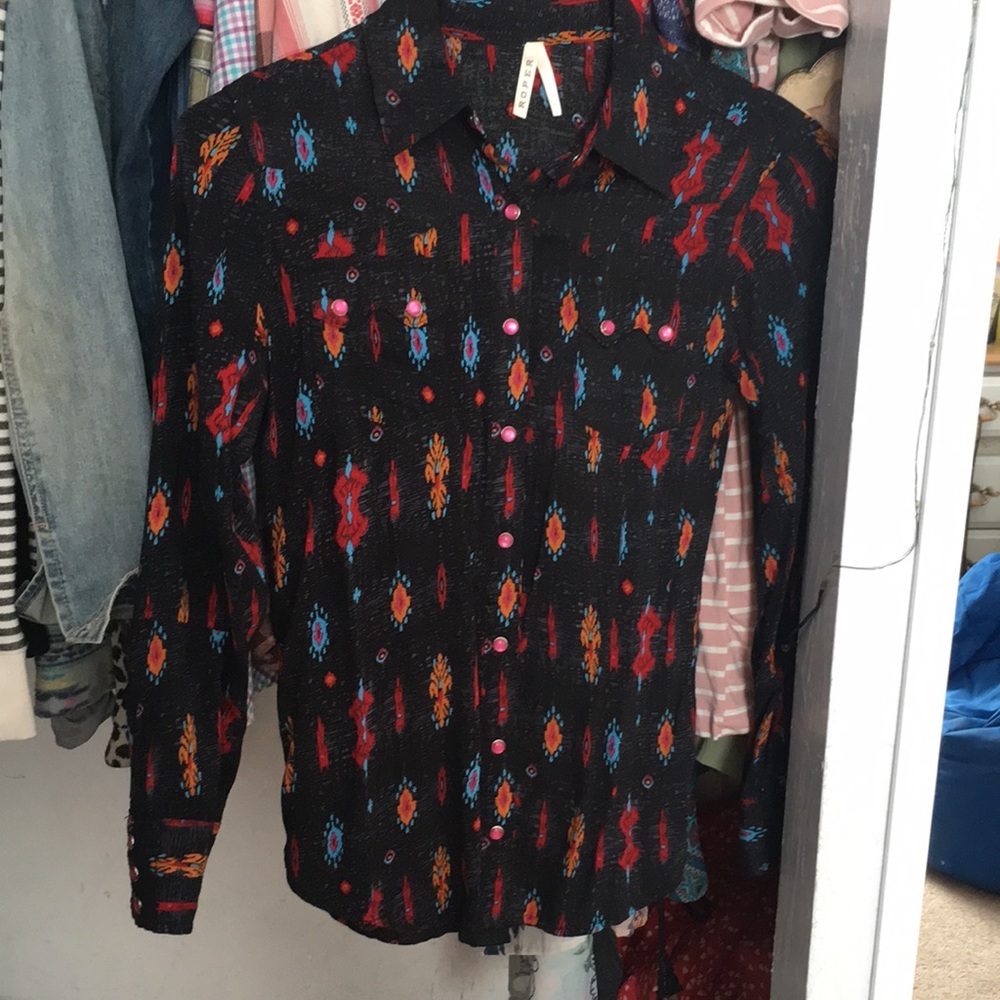 Long sleeve western shirt. Cowboy/Navajo button down. Pearl snap. Cowgirl shirt.
